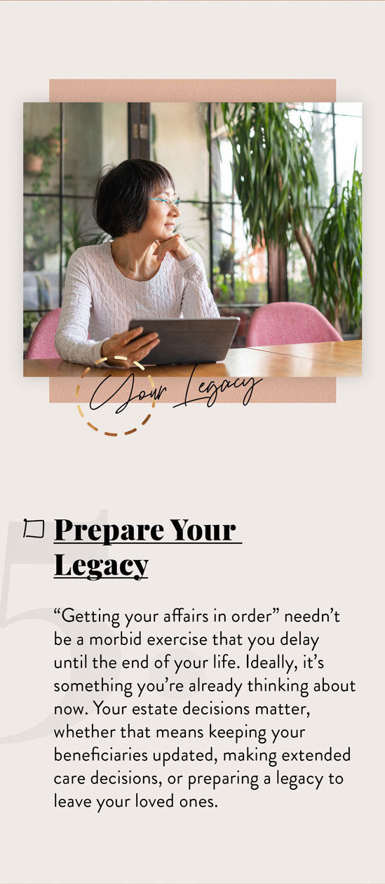 Prepare Your Legacy. ?Getting your affairs in order? needn?t be a morbid exercise that you delay until the end of your life. Ideally, it?s something you?re already thinking about now. Your estate decisions matter, whether that means keeping your beneficiaries updated, making long-term care decisions, or preparing a legacy to leave your loved ones.
