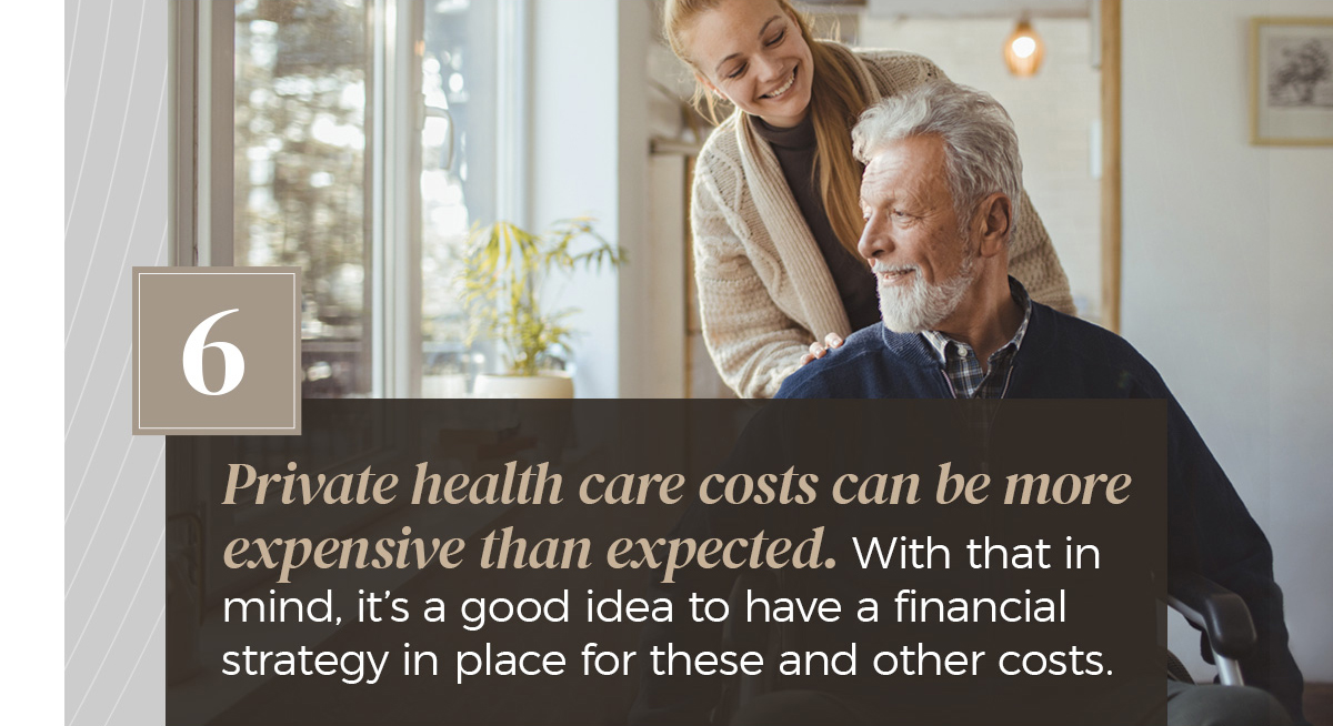 Private health care costs can be more expensive than expected. With that in mind, it?s a good idea to have a financial strategy in place for these and other costs. A young woman wearing a sweater smiles and walks behind a man of mid-to-late middle age in his wheelchair.