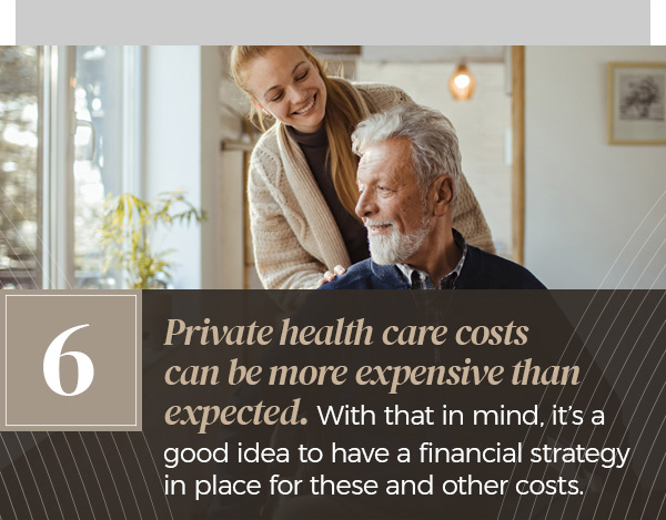 Private health care costs can be more expensive than expected. With that in mind, it?s a good idea to have a financial strategy in place for these and other costs. A young woman wearing a sweater smiles and walks behind a man of mid-to-late middle age in his wheelchair.